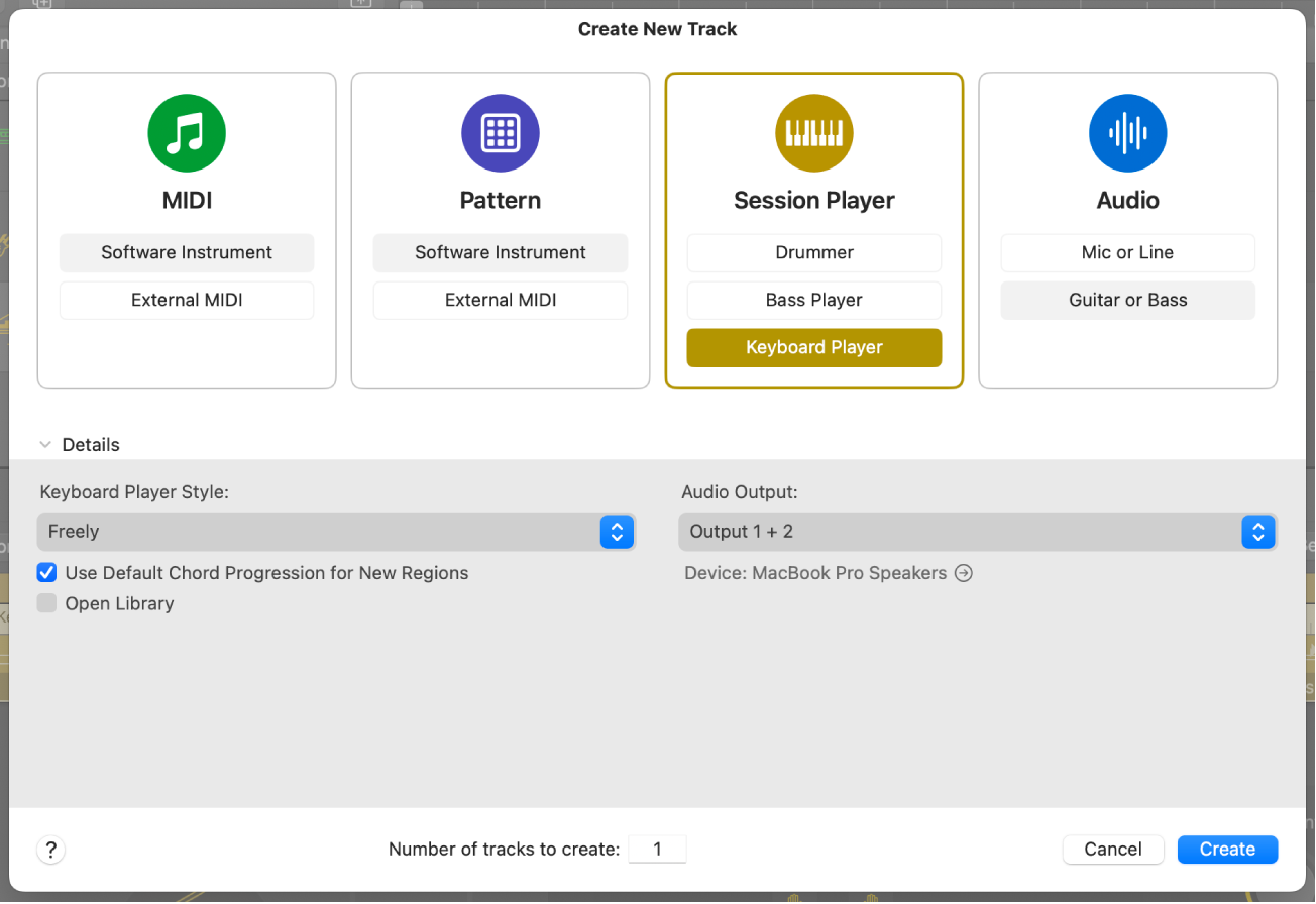 Figure. New Tracks dialog showing MIDI, Pattern, Session Player, and Audio buttons.