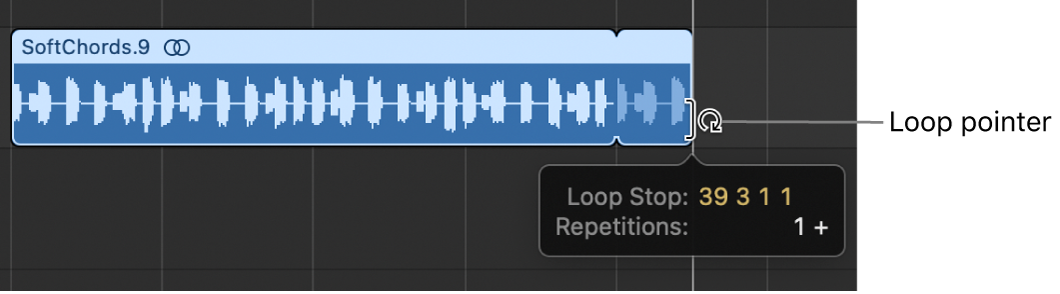 Figure. Looping a region in the Tracks area. The Help tag shows the region length and the number of repetitions.