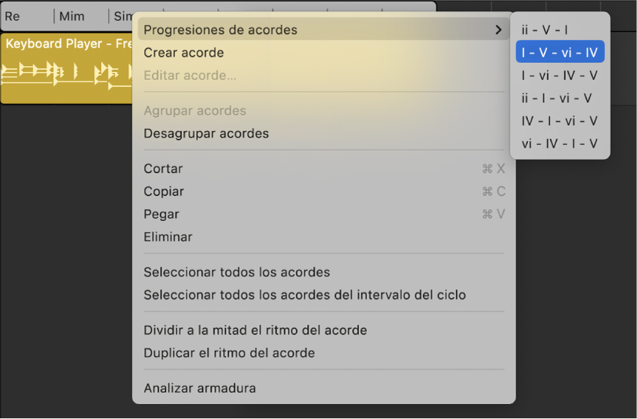 Ilustración. Grupo de acordes seleccionado en la pista de acordes con el submenú “Progresiones de acordes” abierto y la progresión de acordes seleccionada.
