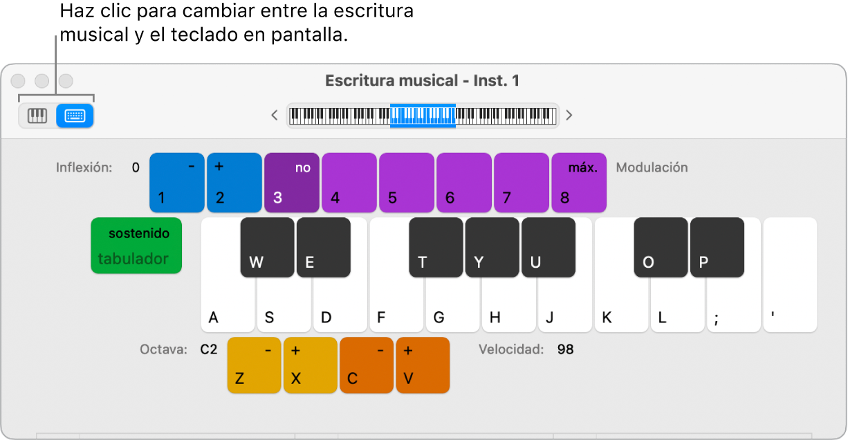 Ilustración. Ventana “Escritura musical” con dos botones en el área superior izquierda para cambiar entre el teclado de escritura musical y el teclado en pantalla.