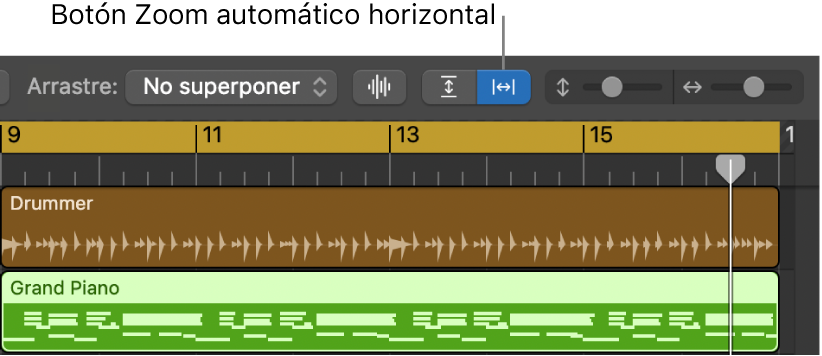 Los controles “Zoom de onda”, “Zoom automático vertical” y “Zoom automático horizontal” están en la barra de menús del área Pistas.