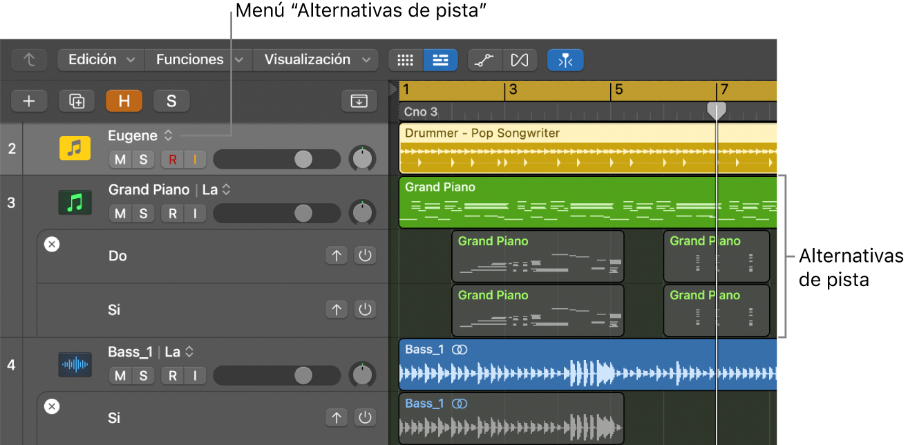 Ilustración. Área Pistas donde se muestran varias alternativas de pista, con el menú “Alternativas de pista” visible en las cabeceras de pista.