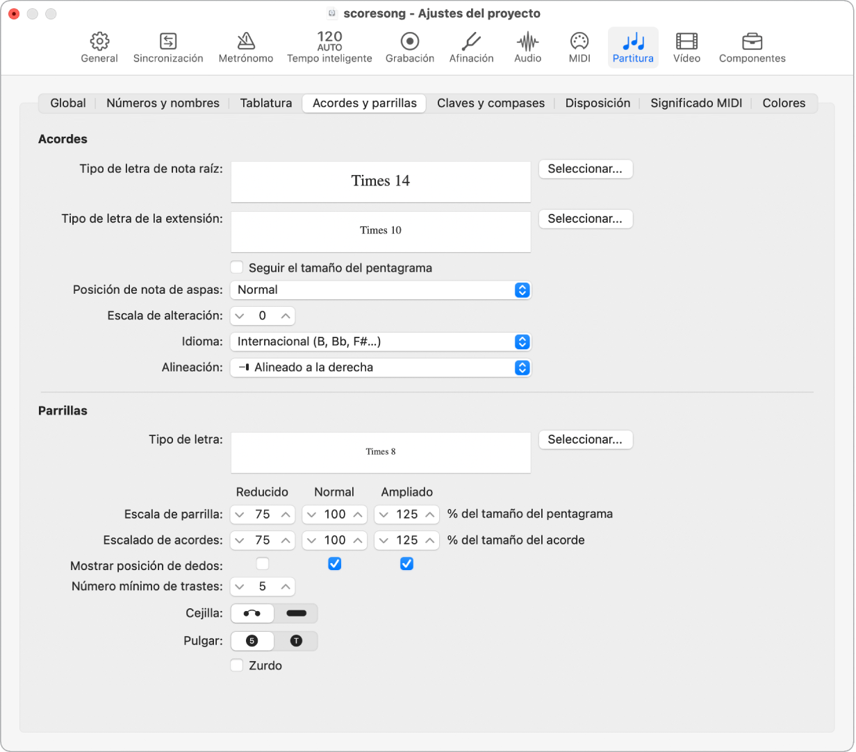 Ilustración. Panel “Acordes y parrillas” en los ajustes de partitura del proyecto.