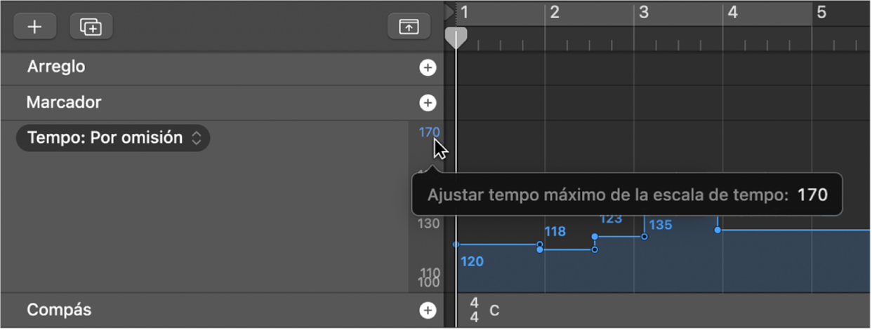 Ilustración. Se están arrastrando valores de la escala de tempo en la visualización de tempo.