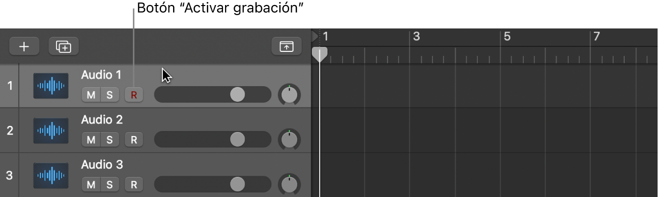 Ilustración. Selección de la cabecera de una pista de audio con el botón “Activar grabación”.