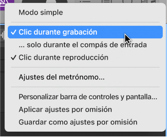 Ilustración. El menú Metrónomo muestra la opción “Clic durante grabación” activada y un puntero selecciona los ajustes del metrónomo.