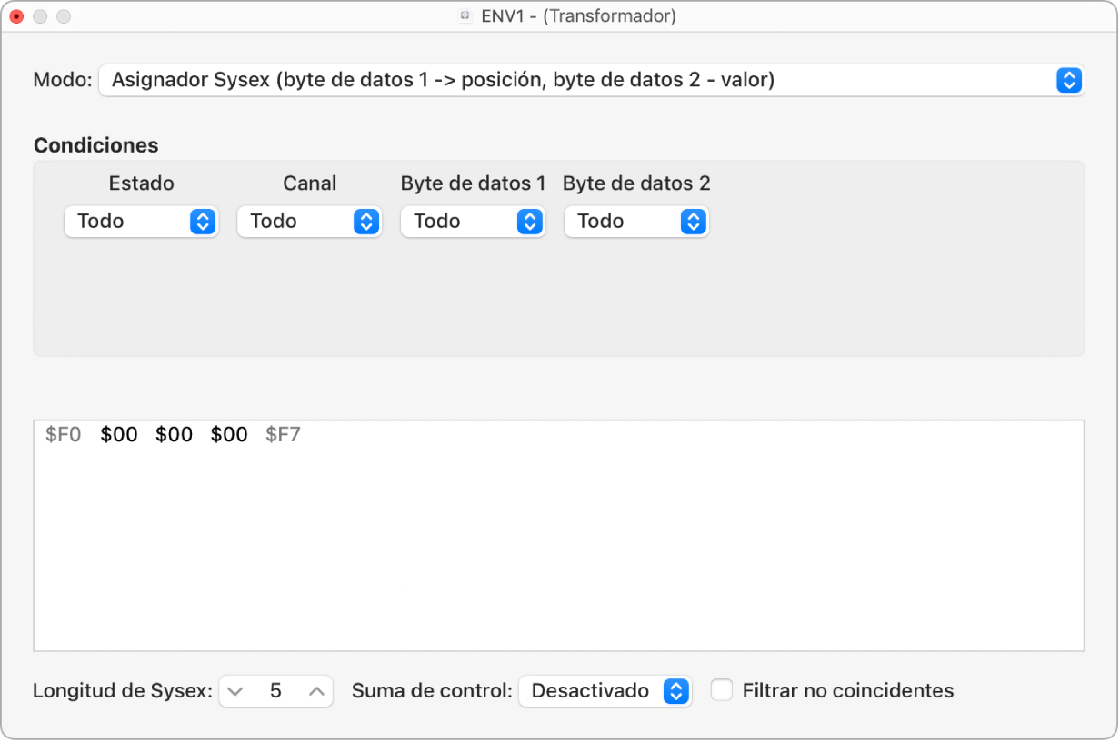 Ilustración. Asignador SysEx en la ventana Transformador.