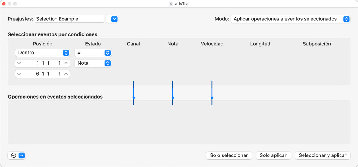 Ilustración. Ventana Transformación con ajustes para hacer selecciones de notas para operaciones de edición.