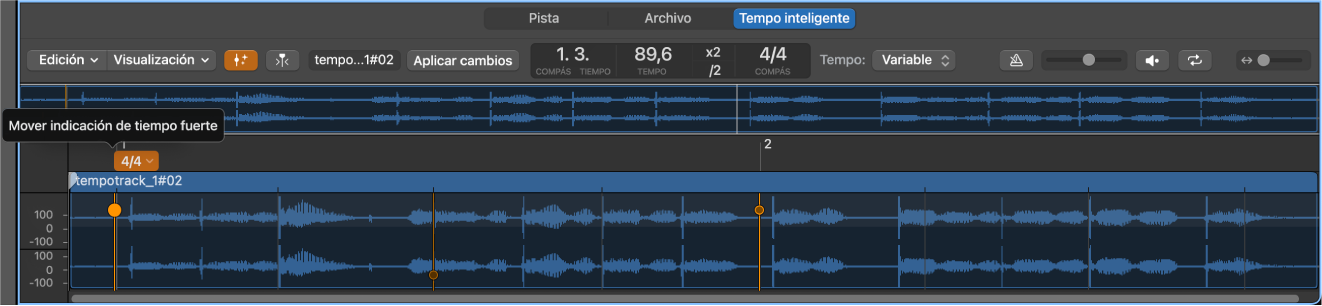 Ilustración. El editor de tempo inteligente con indicación de tiempo fuerte, de tiempo y de compás.