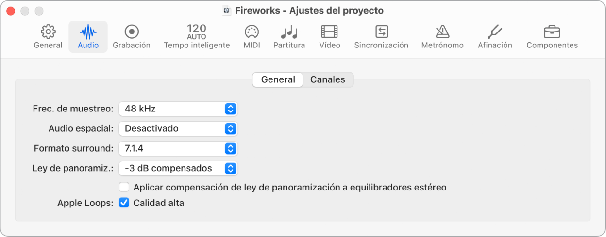 Ilustración. Pestaña General del panel Audio de ajustes del proyecto.