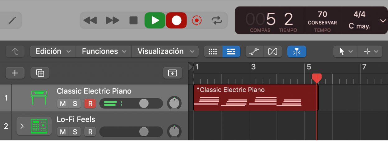 Ilustración. Se muestra un pasaje MIDI grabado en color rojo en el área Pistas.