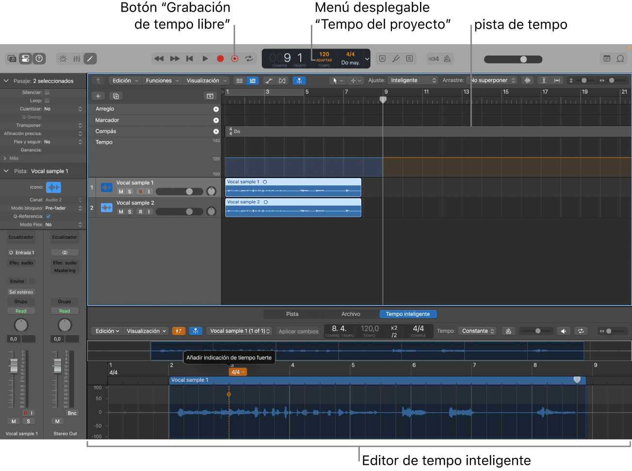 Ilustración. Proyecto con una grabación con el modo Adaptar seleccionado, cambios de tempo en la pista de tempo y el editor de tempo inteligente abierto.