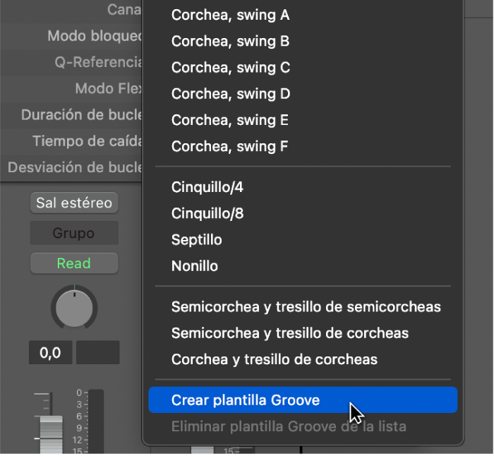 Ilustración. Opción “Crear plantilla de groove” seleccionada en el menú desplegable Cuantizar.