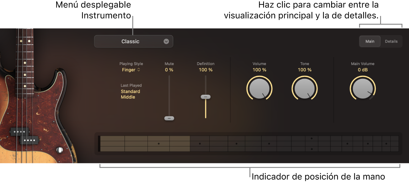 Ilustración. “Studio Bass” con la visualización Principal e indicaciones para el menú desplegable de instrumento, el indicador de posición de la mano y el conmutador Main/Details.