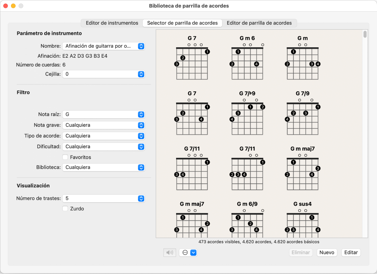 Ilustración. Panel “Selector de parrilla de acordes” en la ventana “Biblioteca de parrilla de acordes”.