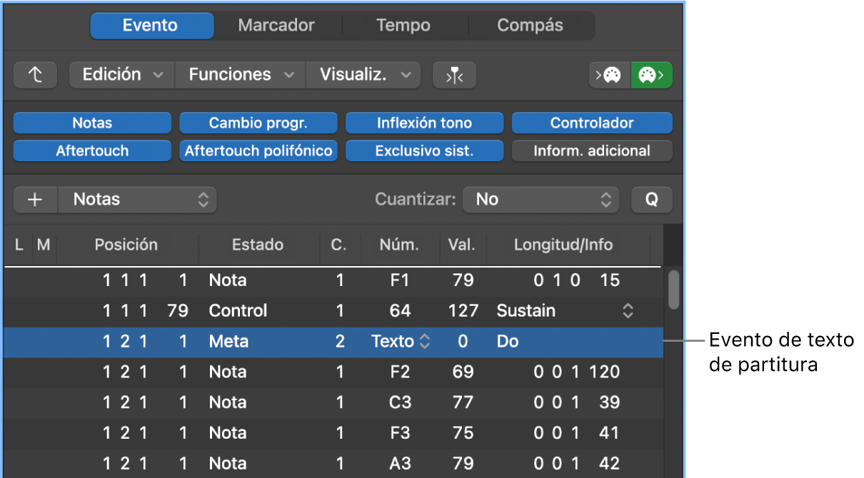 Ilustración. Evento de texto de partitura en la Lista de eventos.