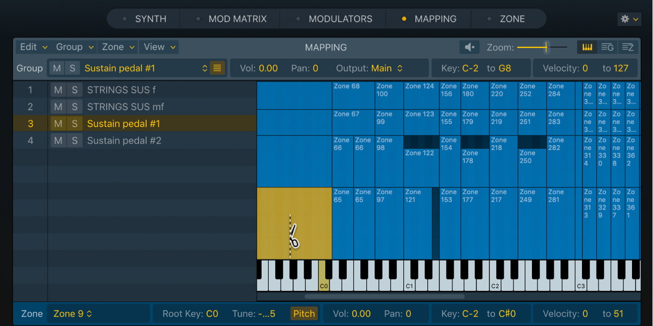 Editor de asociaciones de teclas de Sampler, que muestra un icono de corte vertical.