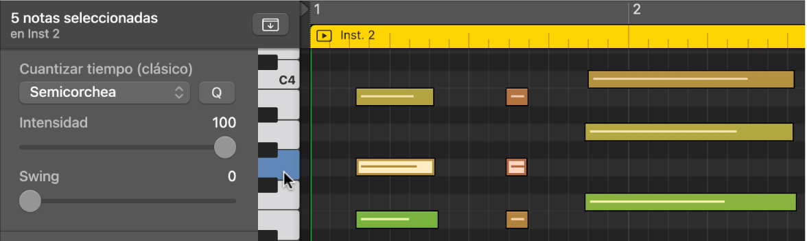 Ilustración. Se están seleccionando notas con el mismo tono haciendo clic en el teclado del borde izquierdo del editor de teclado.