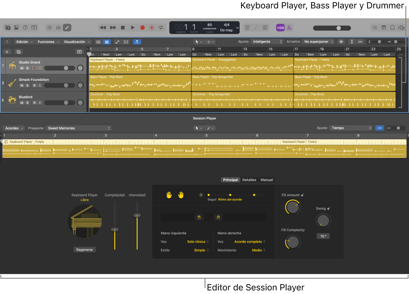 Ilustración. Keyboard Player, Bass Player y Drummer en el área Pistas y el editor de Session Player.