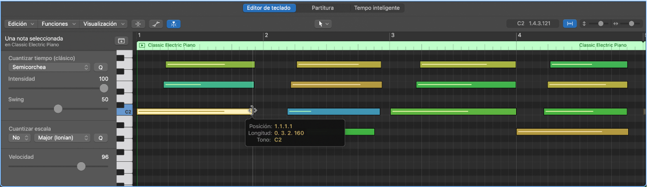 Ilustración. Se está editando un evento de nota MIDI en el editor de teclado.