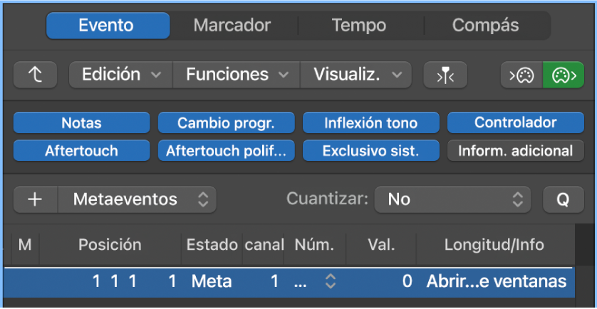 Ilustración. Lista de eventos con metaevento de distribución de ventanas.