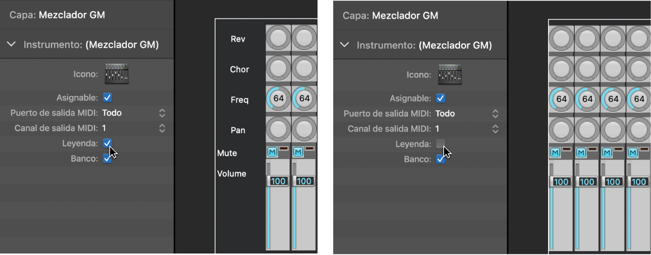 Ilustración. Se muestra la casilla Leyenda del mezclador GM activada y desactivada.
