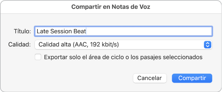 Cuadro de diálogo “Compartir en Notas de Voz”.