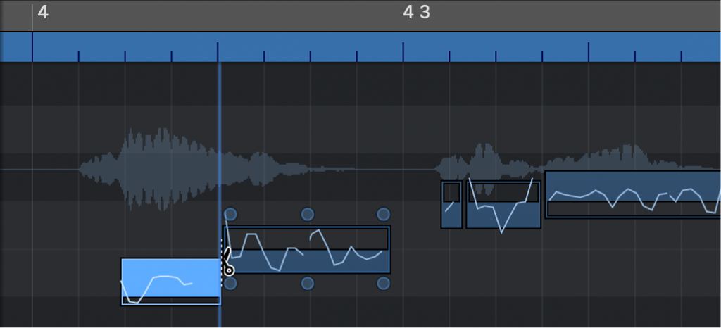 Ilustración. La herramienta Tijeras en uso para cortar una nota en el editor de pistas de audio.