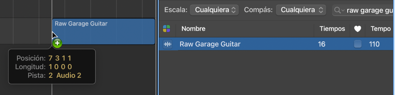 Ilustración. Se está arrastrando un loop del explorador de loops al área Pistas. La etiqueta de ayuda muestra la posición del loop.