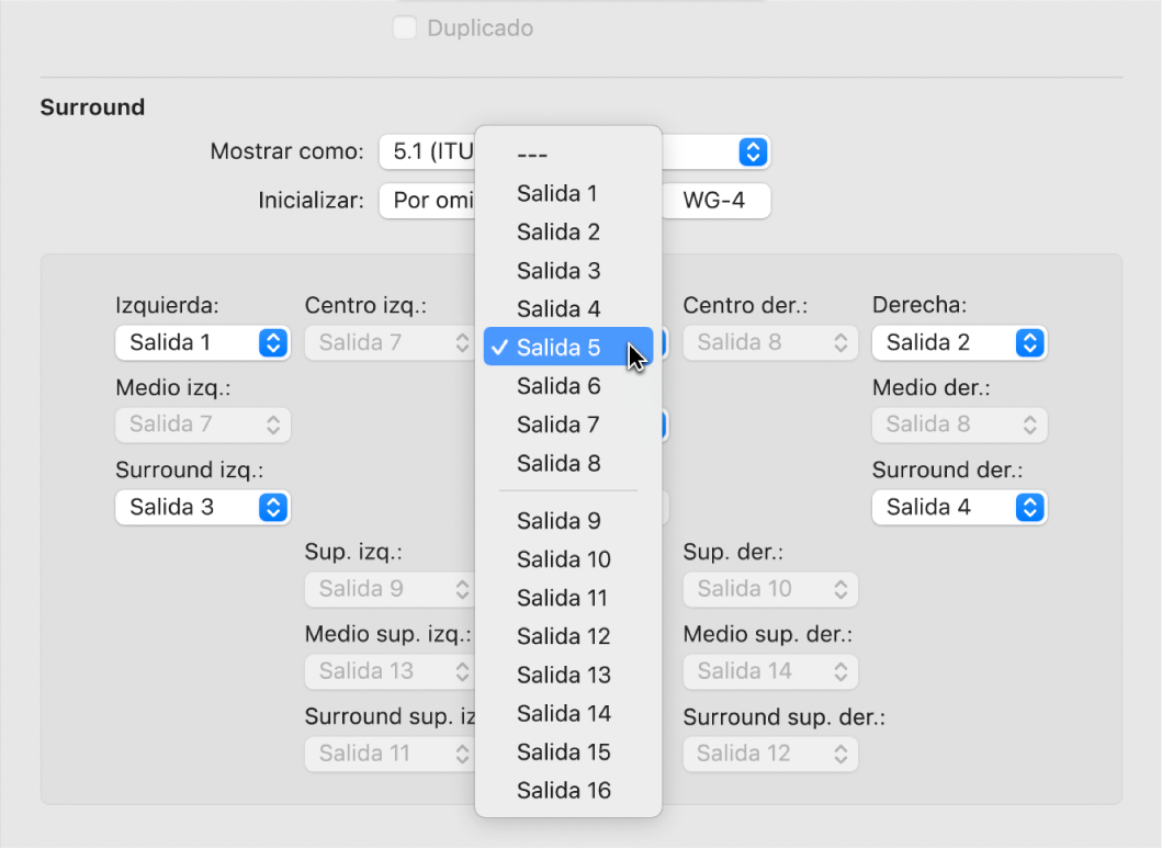 Ilustración. Menú desplegable Salida en el panel de ajustes Surround.
