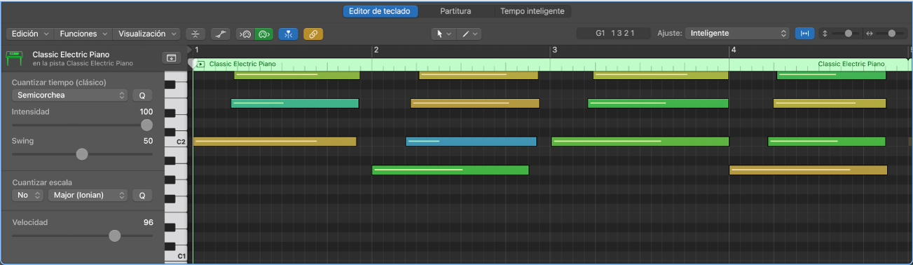 Ilustración. Editor de teclado con un pasaje MIDI con eventos de nota.