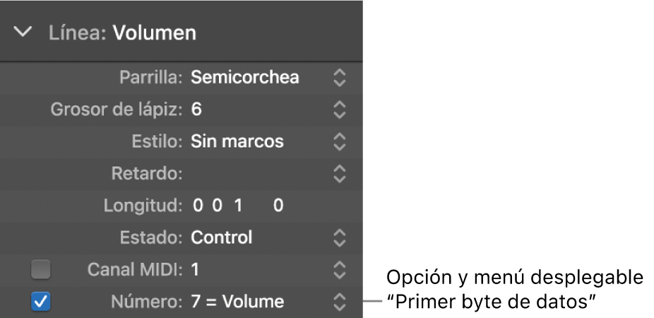 Ilustración. Casilla y menú “Primer byte de datos”.