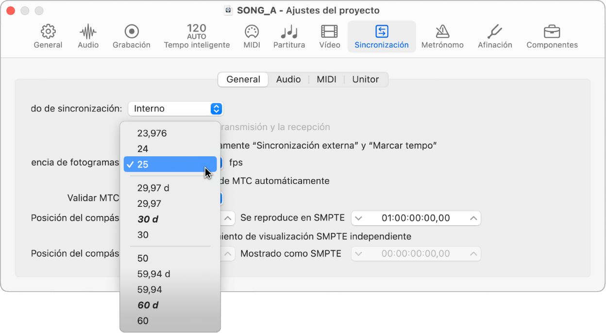 Ilustración. Ajustes de sincronización del proyecto con el menú desplegable “Frecuencia de fotogramas”.