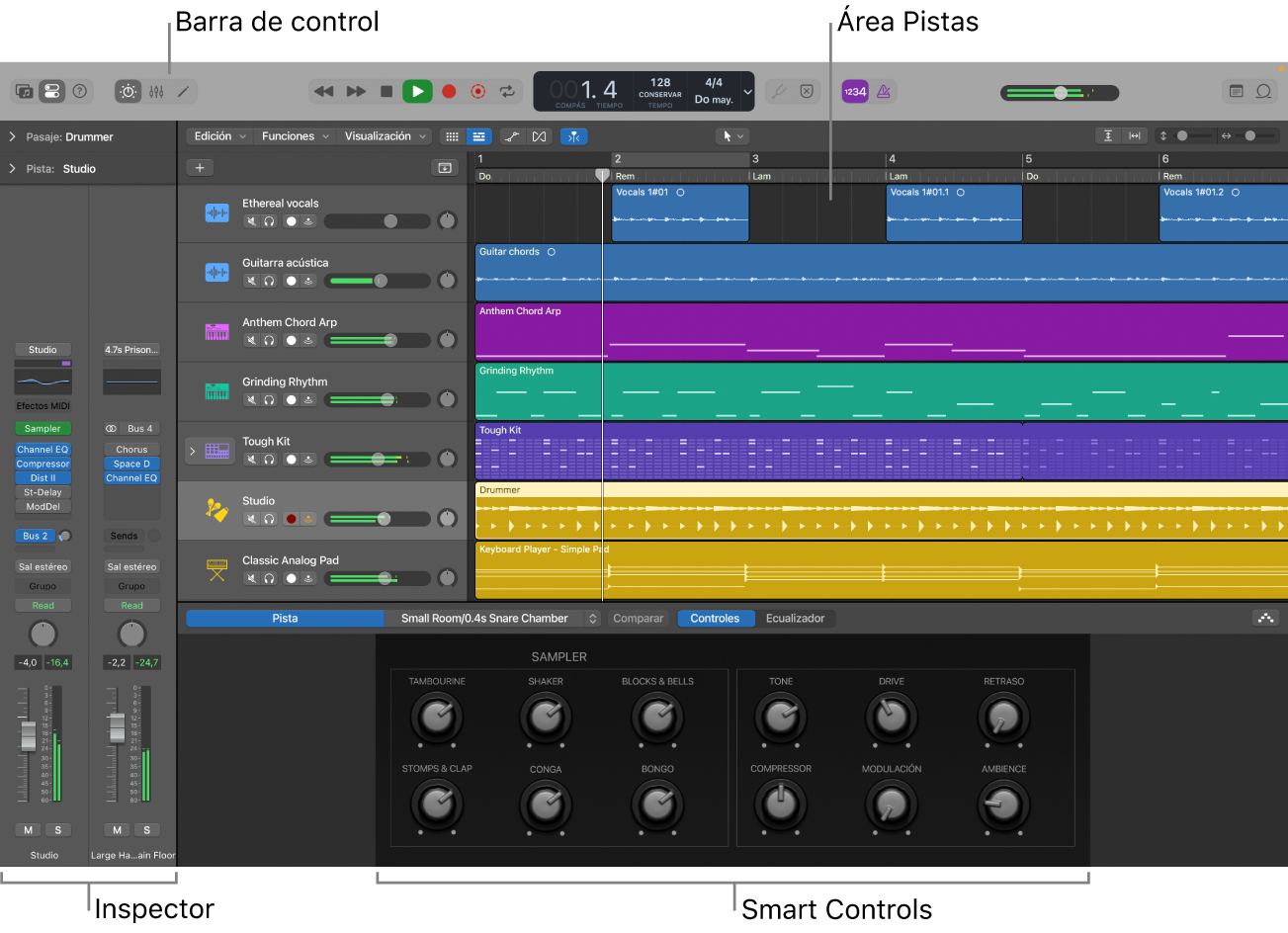 Ilustración. Ventana principal de Logic Pro con las áreas de trabajo principales.