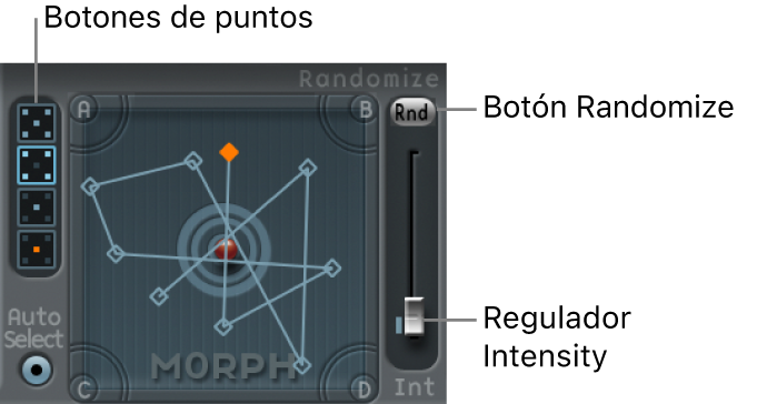 Ilustración. Superficie Morph, con botones de puntos y parámetros de Randomize.