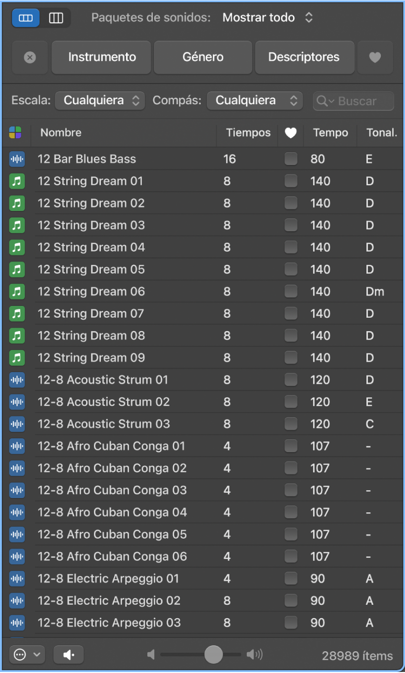 Ilustración. Explorador de loops con botones de palabra clave y loops coincidentes en la lista de resultados.