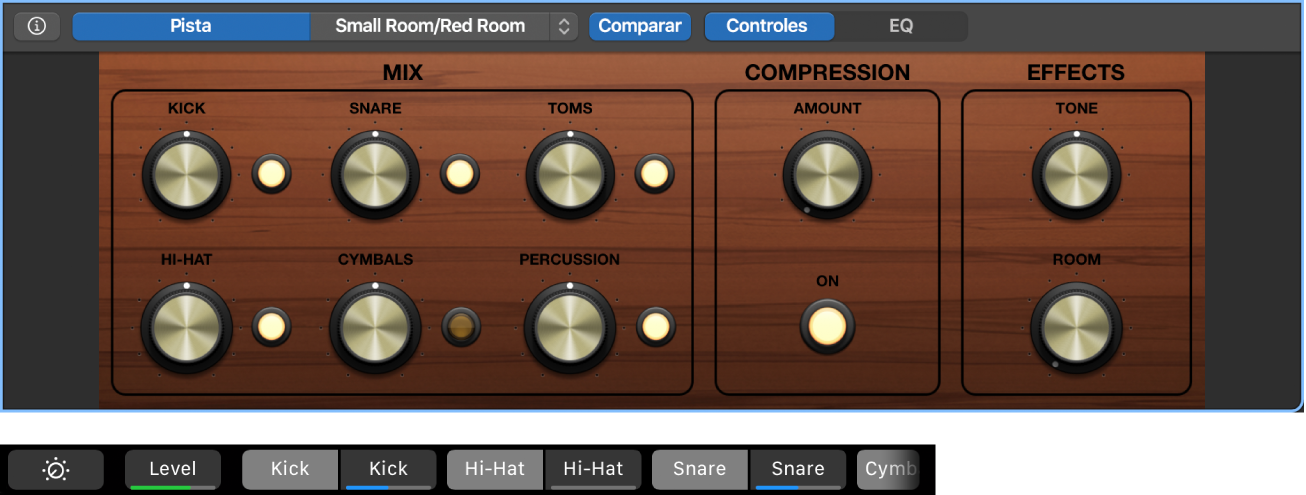 Ilustración. Funciones rápidas de la pantalla de Smart Controls y Smart Controls dinámicos para una pista de instrumento de software con un pasaje Drummer. Funciones rápidas de la pantalla de Smart Controls y Smart Controls dinámicos.