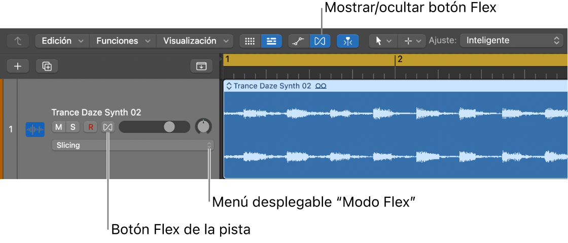 Ilustración. Botón Flex y menú desplegable “Modo Flex” en una cabecera de pista de audio.