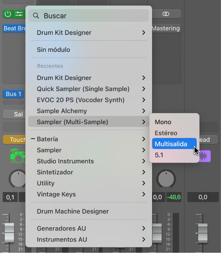 Ilustración. Menú desplegable de la ranura del instrumento con la opción de multisalida de Sampler.