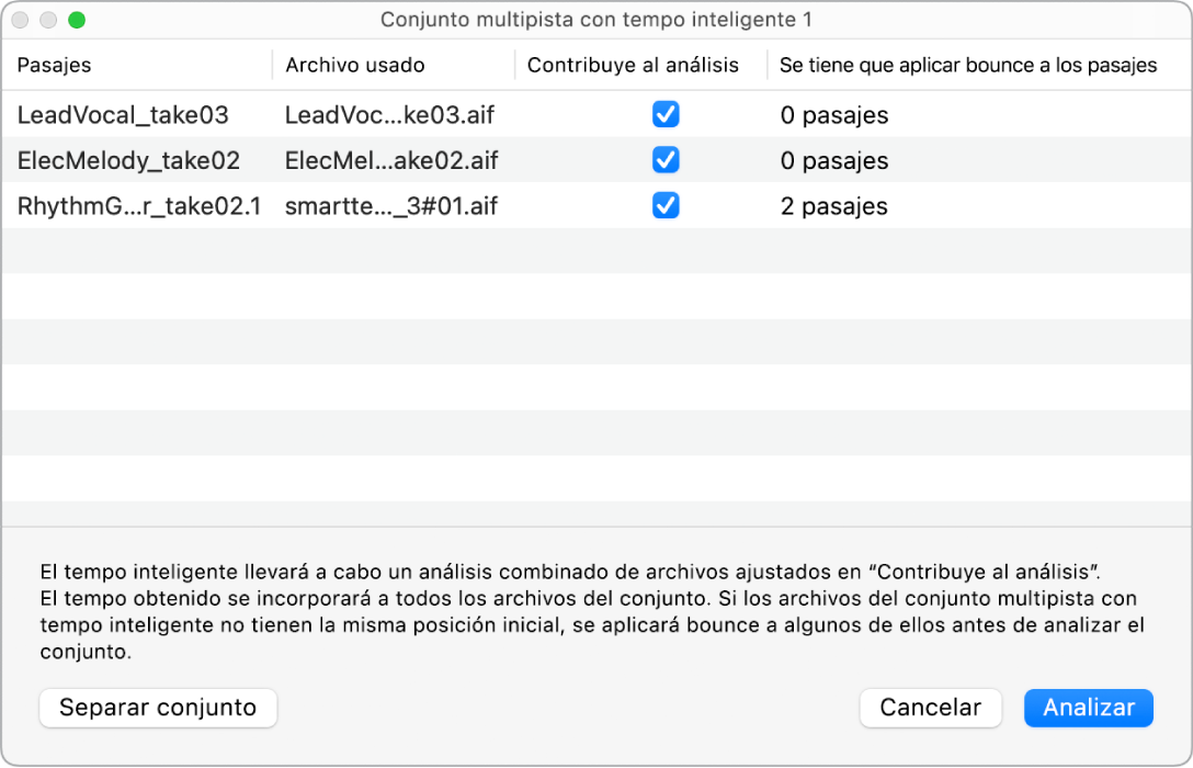 Ilustración. Ventana “Conjunto multipista con tempo inteligente” con los archivos de audio usados en el conjunto multipista.