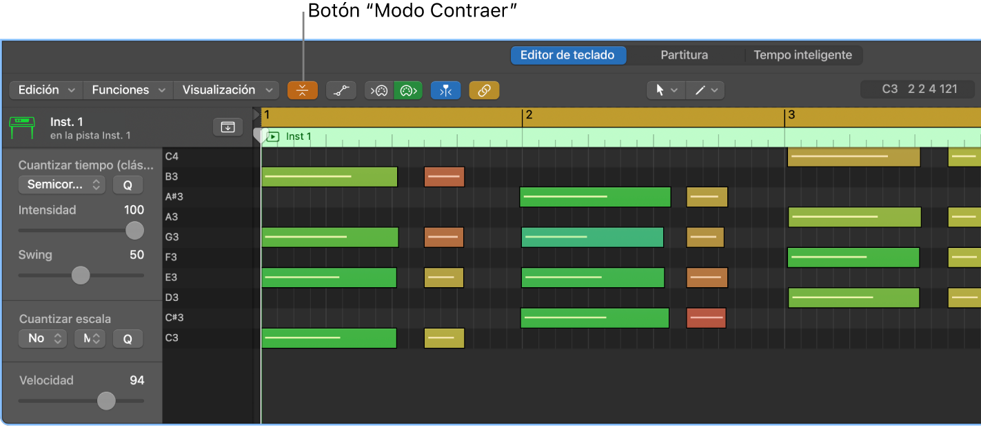 Ilustración. Editor de teclado, con el botón “Modo Contraer” resaltado.