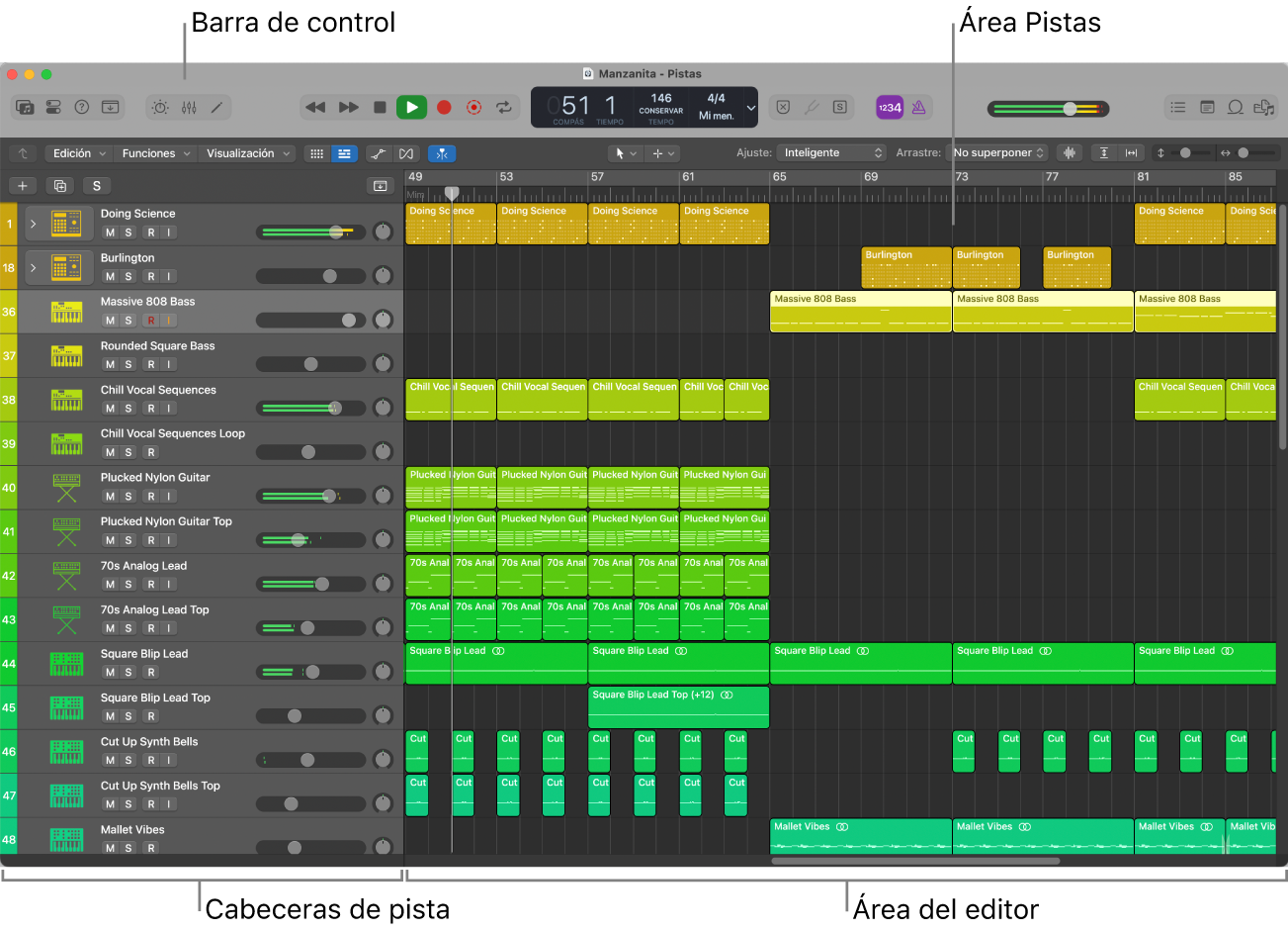 Ilustración. Ventana principal de Logic Pro.