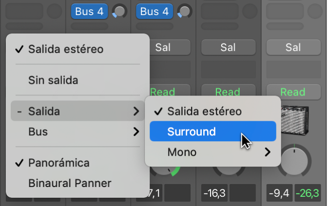 Ilustración. Se está seleccionado Surround en el menú desplegable Salida de un canal.