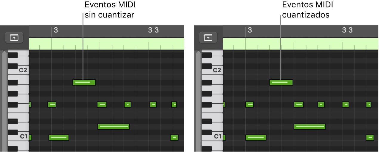 Ilustración. Par de imágenes con eventos MIDI sin cuantizar y cuantizados en el editor de teclado.