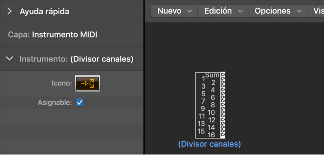 Ilustración. Ventana Entorno con un objeto divisor de canales y su inspector.