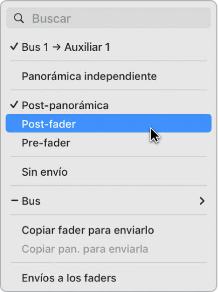 Ilustración. Se está seleccionando una opción de flujo de señal para el potenciómetro Envío.