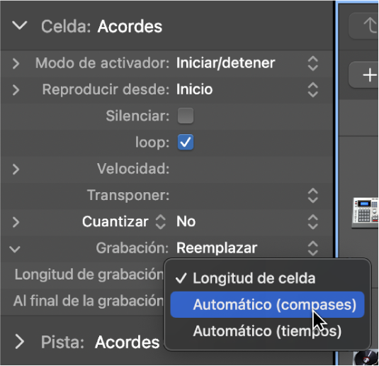 Ilustración. Menú desplegable de ajustes “Longitud de grabación” del inspector de celdas.