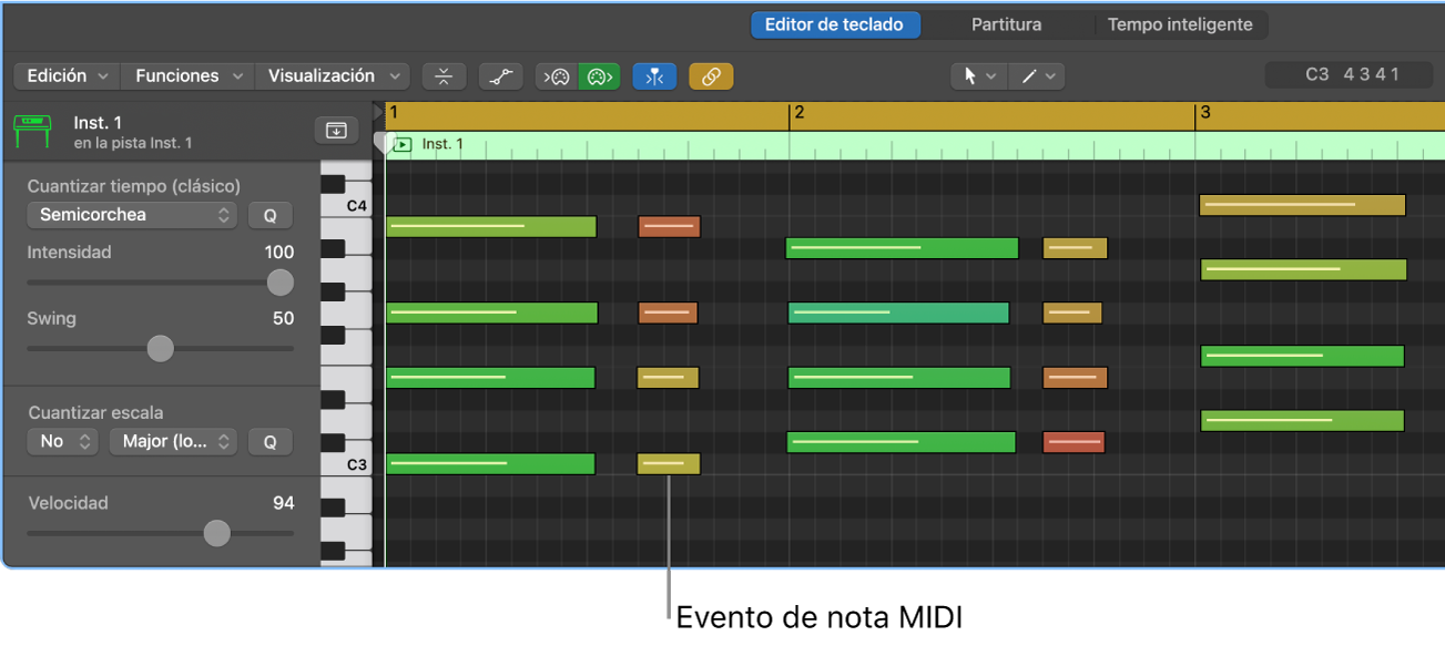 Ilustración. Editor de teclado, donde se señala un evento de nota MIDI.