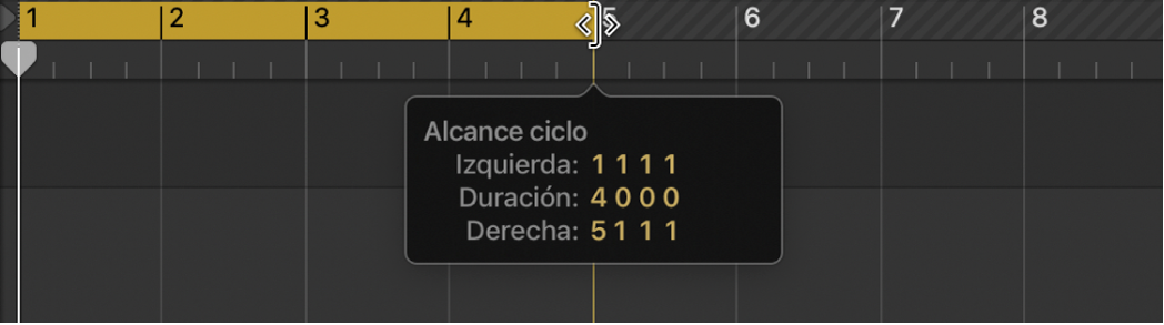 Ilustración. Se está arrastrando el localizador derecho. La etiqueta de ayuda muestra el alcance y la longitud del ciclo.