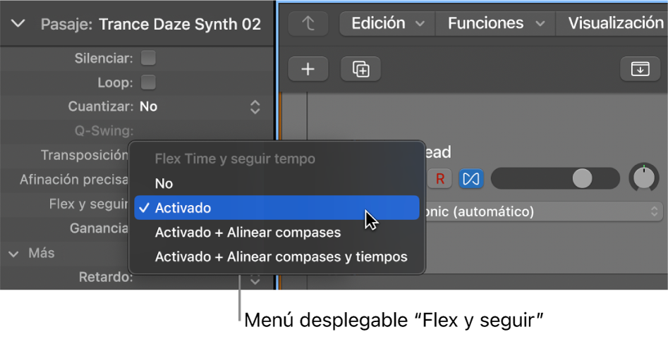 Ilustración. Menú “Flex y seguir” del inspector de pasajes.